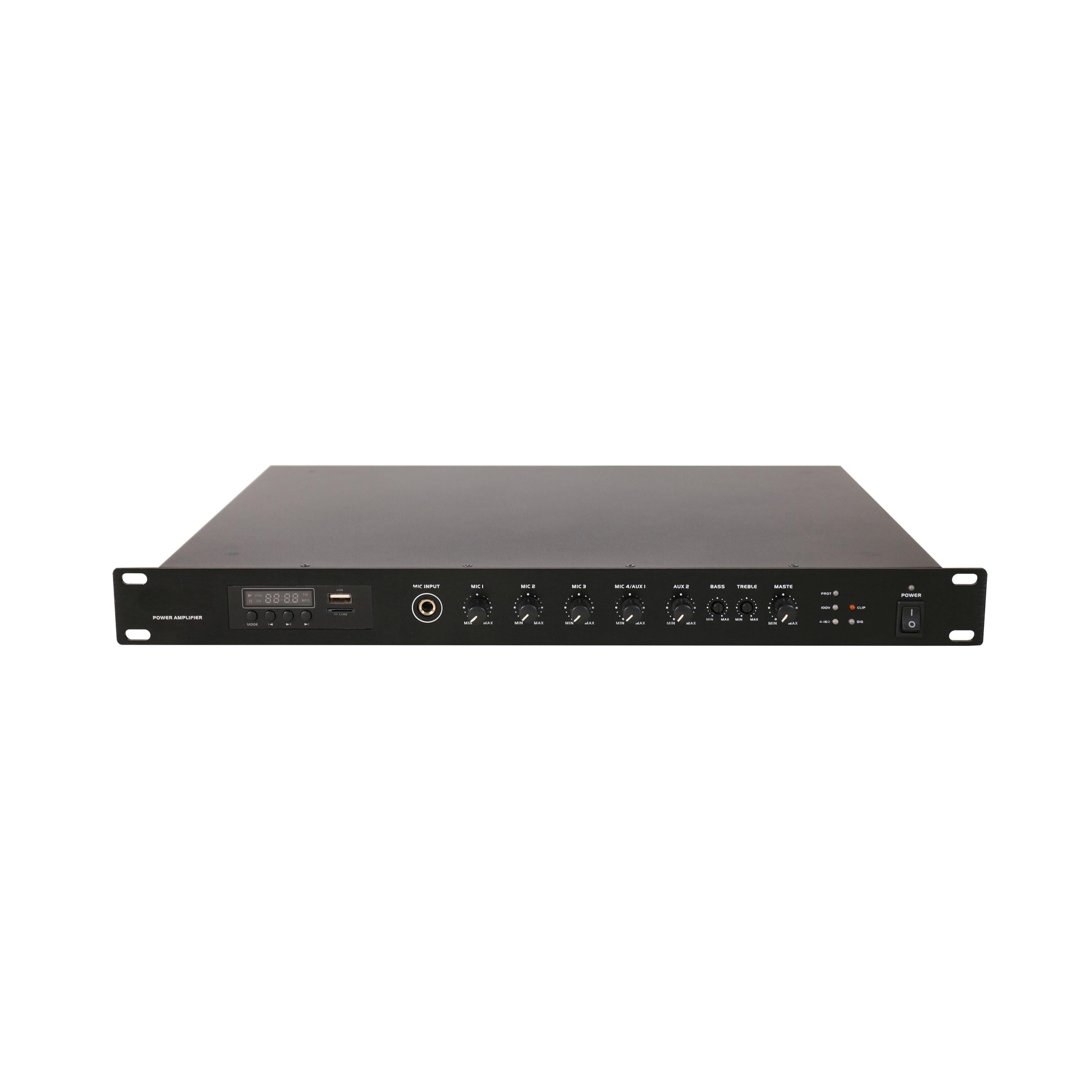 AMPLIFICADOR SKAUDIO CLASE D 240W CON FUENTES DE AUDIO 100V 4-16 OHMS SELECCIONABLE 4 MICROFONOS