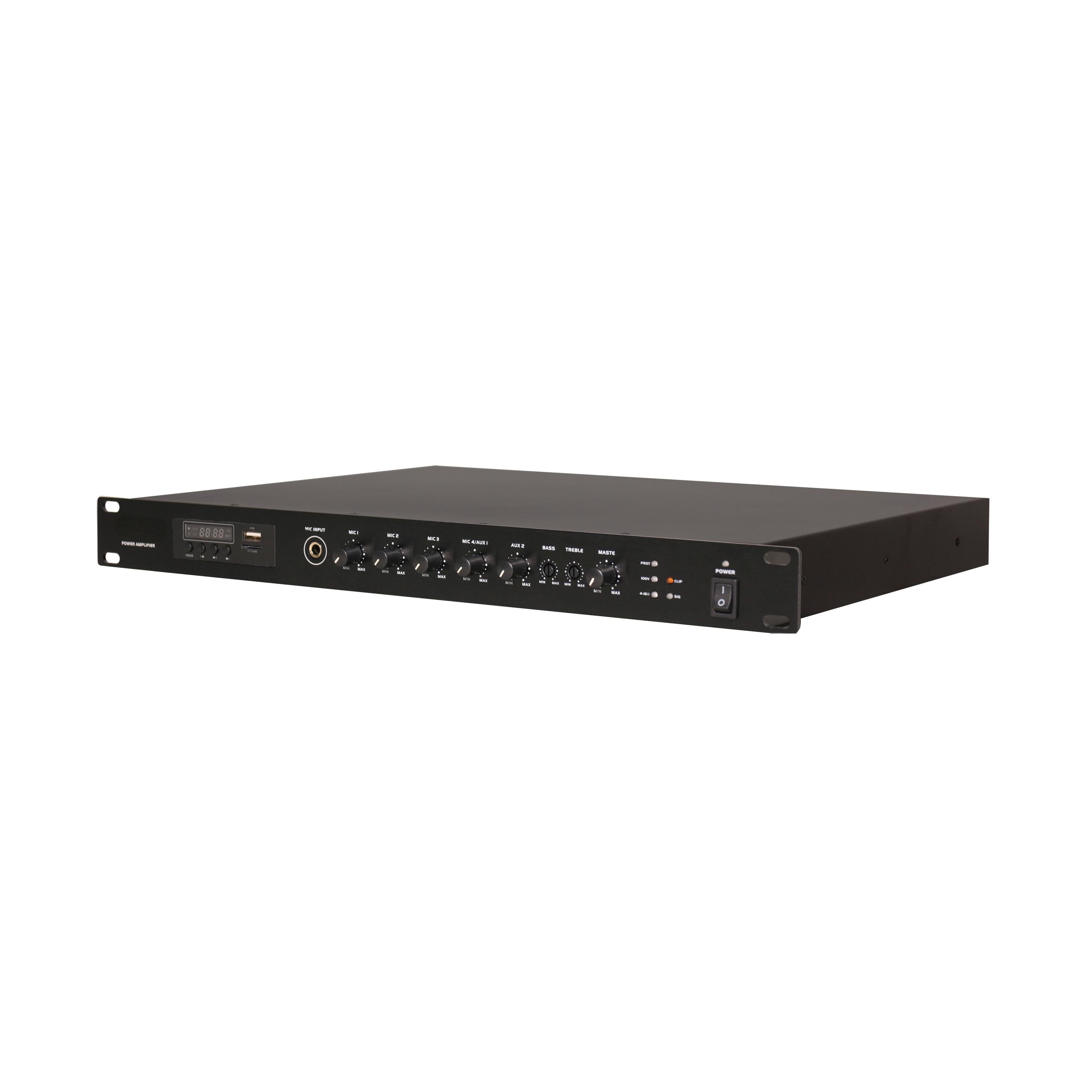 AMPLIFICADOR SKAUDIO CLASE D 240W CON FUENTES DE AUDIO 100V 4-16 OHMS SELECCIONABLE 4 MICROFONOS