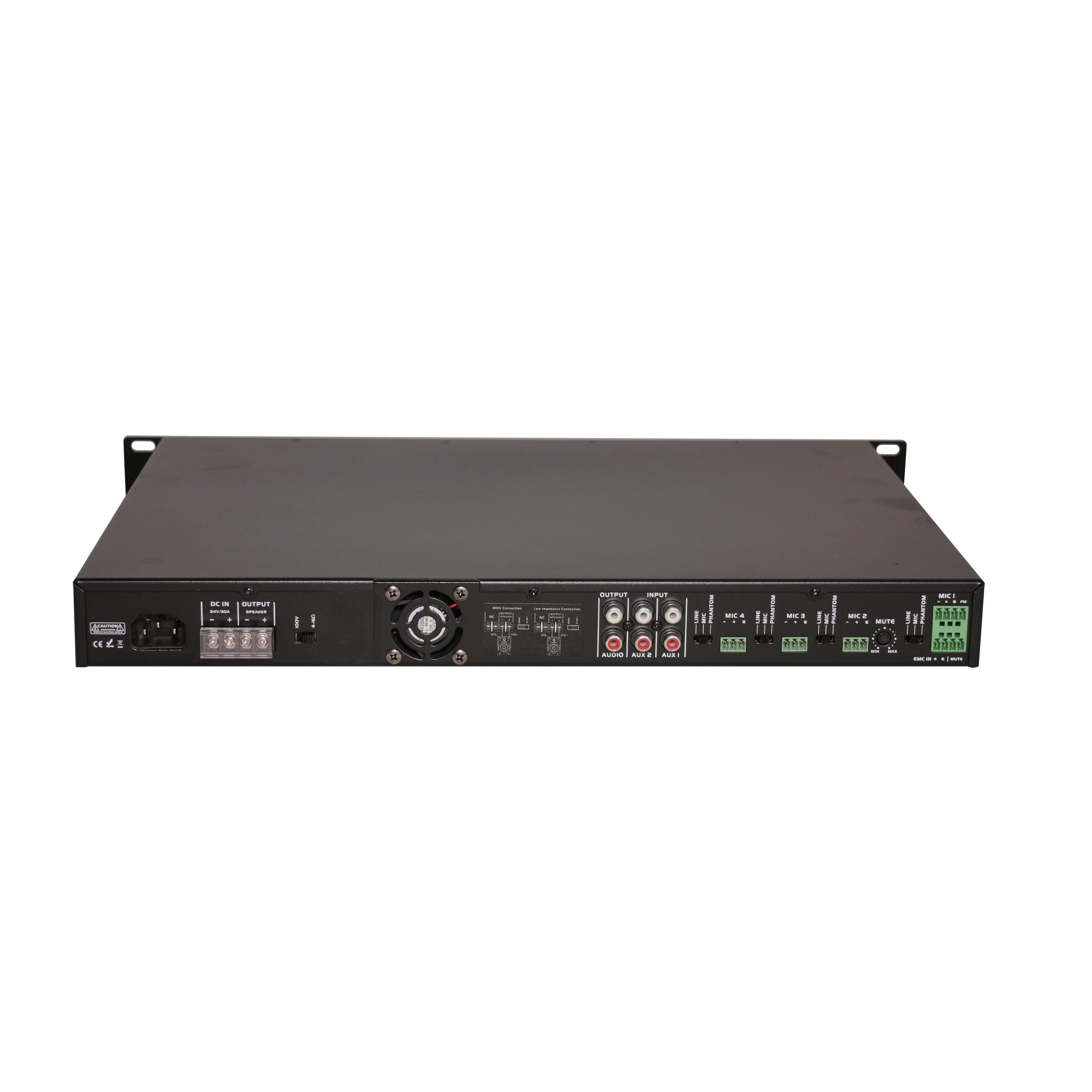 AMPLIFICADOR SKAUDIO CLASE D 240W CON FUENTES DE AUDIO 100V 4-16 OHMS SELECCIONABLE 4 MICROFONOS