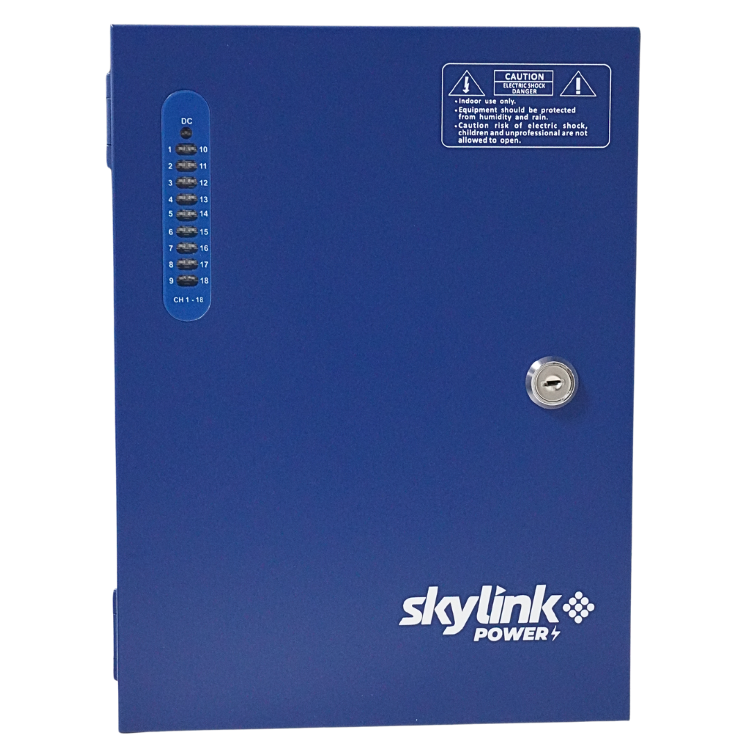 FUENTE DE PODER PARA CCTV DE 18 CANALES SKYLINK, 12VCC, 20 AMPERIOS, 100-240VCA, 50-60HZ
