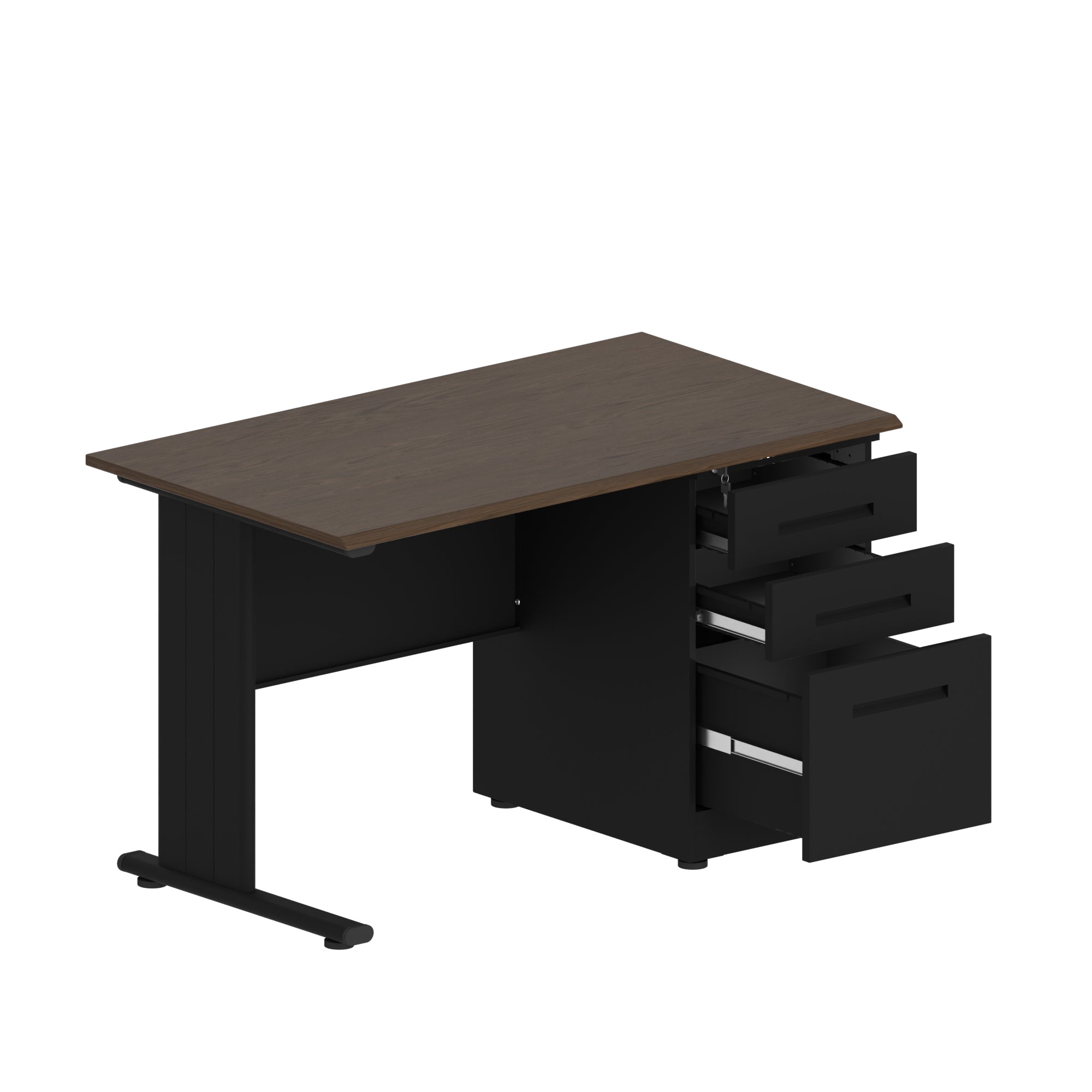 ESCRITORIO IOFFICE, ACERO, TABLERO MFC, COLOR NEGRO Y TOP CAFE, 3 GAVETAS, 1 CERRADURA 2 LLAVES