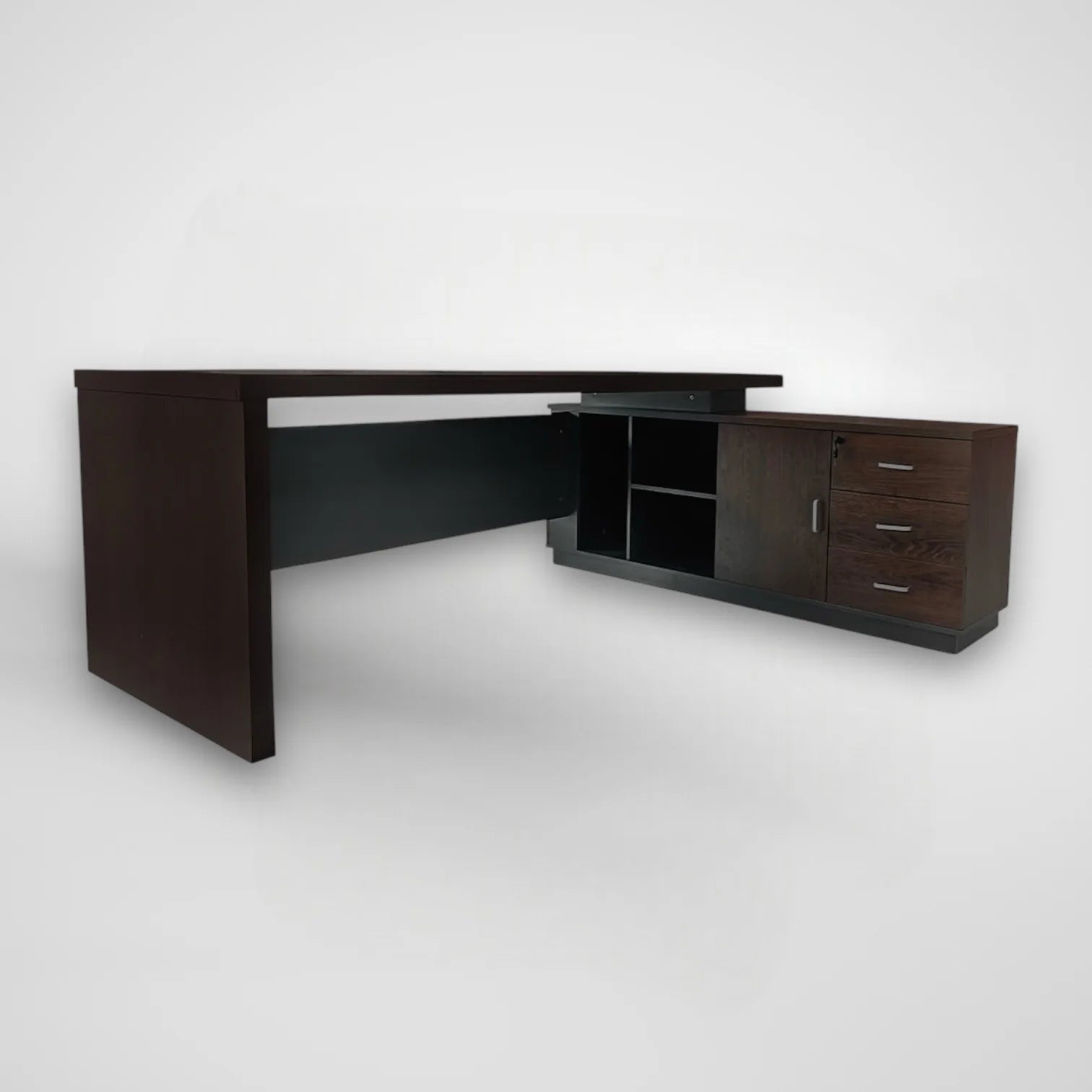 Escritorio de Oficina SIT, Tipo L, Estantería, 3 Gavetas con Cerradura, Color Expresso + Gris Oscuro.