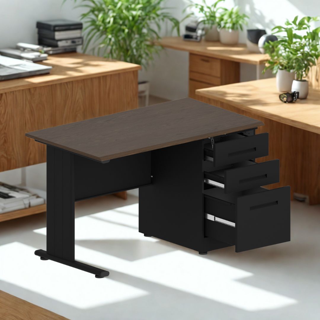 ESCRITORIO IOFFICE, ACERO, TABLERO MFC, COLOR NEGRO Y TOP CAFE, 3 GAVETAS, 1 CERRADURA 2 LLAVES