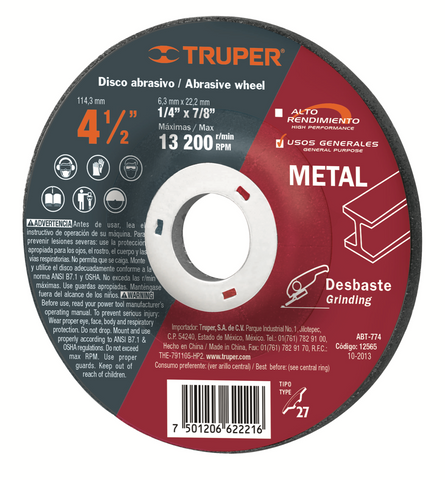 Disco de Corte para Desbaste para Metal Truper 114.3x6.3x22.2 mm.