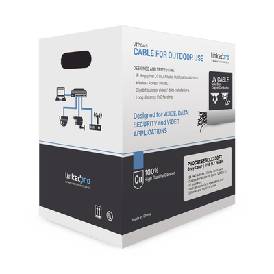 Cable UTP Cat5E LinkedPro / Color Negro / 250 Pies con Gel / Exterior / 100% Cobre Certificado.